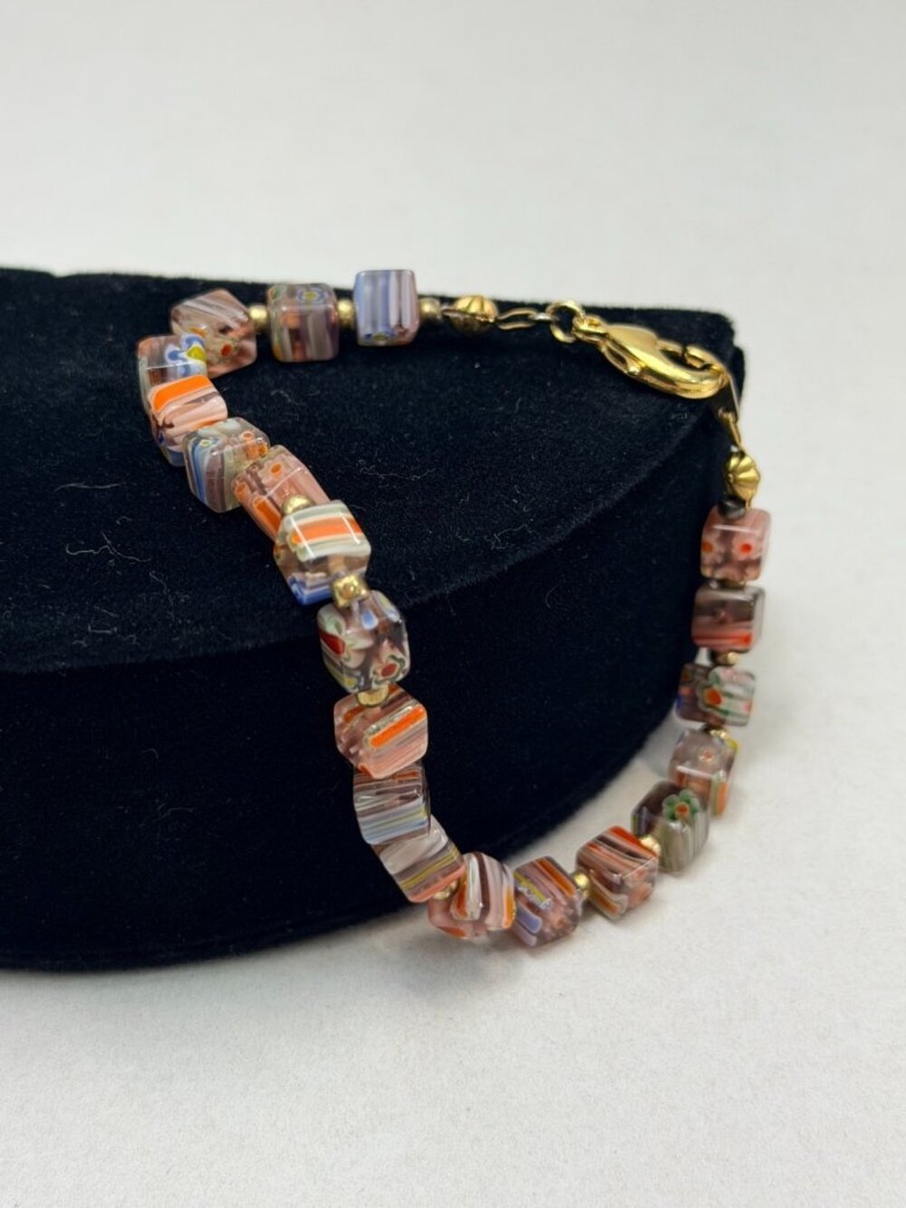 Vintage Millefiori Murano Glass Cube Bead Bracelet Italian Art Glass 7.5"